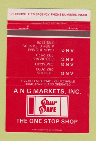 Matchbook Cover - Ang Markets Grocery Shur Save Churchville NY 40 Strike