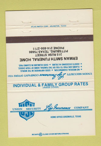 Matchbook Cover - Insurance Erman Smith Funeral Home Pittsburg TX 40 Strike