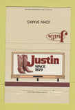 Matchbook Cover - Justin Cowboy Boots John Sparks Fort Worth TX 40 Strike