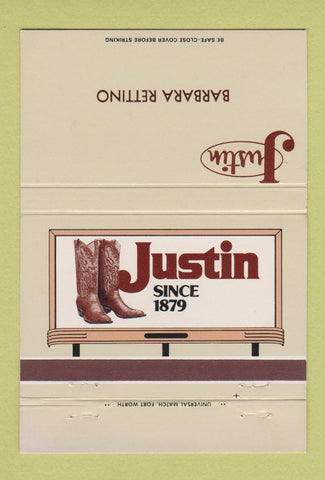 Matchbook Cover - Justin Cowboy Boots Barbara Rettino Fort Worth TX 40 Strike