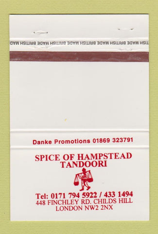 Matchbook Cover - Spice of Hampstead Tandoori London UK England 40 Strike