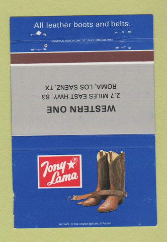 Matchbook Cover - Tony Lama Cowboy Boots Western One Roma Los Saenz TX 40 Strike