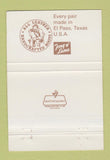 Matchbook Cover - Tony Lama Cowboy Boots Western One Roma Los Saenz TX 40 Strike