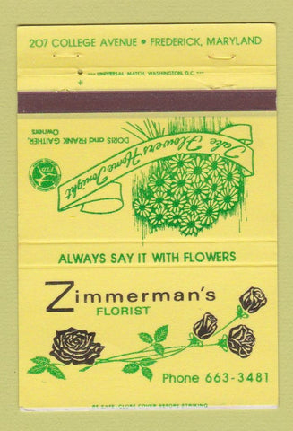 Matchbook Cover - Zimmerman's Florist Flower Frederick MD 40 Strike