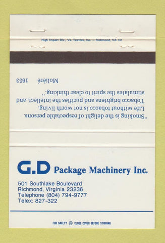 Matchbook Cover - GD Package Machinery Richmond VA Moliere Quote 40 Strike