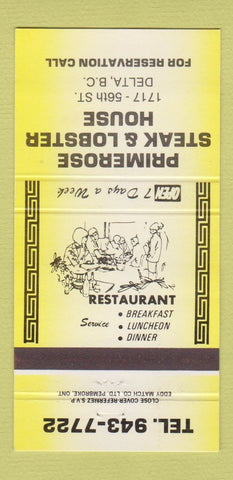 Matchbook Cover - Primerose Steak Lobster Delta BC 30 Strike