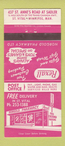 Matchbook Cover - Rexall Norgold Pharmacy Drug Winnipeg MB WEAR 30 Strike