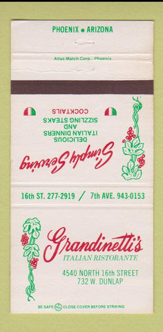 Matchbook Cover - Grandinetti's Italian Restaurant Phoenix AZ 30 Strike