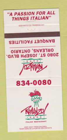 Matchbook Cover - Romanzo! Park Italian Restaurant Orleans ON  30 Strike