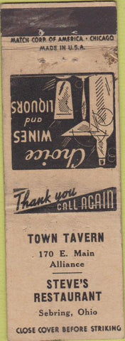 Matchbook Cover - Town Tavern Alliance Steve's Sebring OH WEAR PRINTING ERROR!