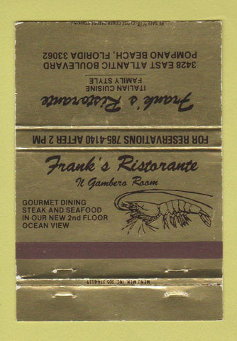Matchbook Cover - Frank's Ristorante Pompano Beach FL 40 Strike