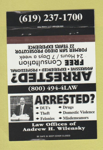 Matchbook Cover - Andrew H Wilensky Lawyer San Diego CA 40 Strike