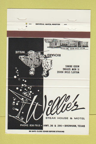 Matchbook Cover - Willie's Steak House Motel Brenham TX 40 Strike