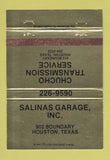 Matchbook Cover - Salinas Garage Houston TX Chucho Transmission 40 Strike