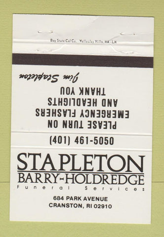 Matchbook Cover - Stapleton Barry Holdredge Funeral Home Cranston RI 40 Strike