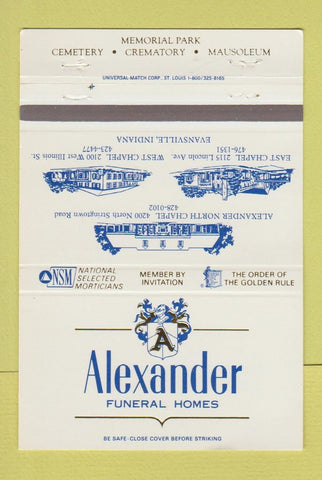 Matchbook Cover - Alexander Funeral Homes Evansville IN 40 Strike