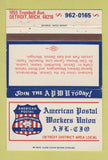 Matchbook Cover - American Postal Workers Union AFL CIP Detroit MI 40 Strike