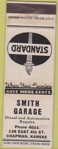 Matchbook Cover - Smith Garage Chapman KS Standard oil gas