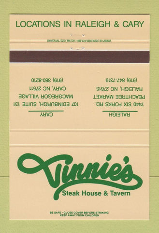 Matchbook Cover - Vinnie's Steak House Tavern Raleigh Cary NC 40 Strike