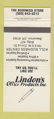 Matchbook Cover - Lindon's Office Products Beaverton OR 30 Strike