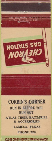 Matchbook Cover - Corbin's Corner Lamesa TX Chevron oil gas WEAR
