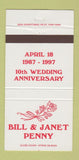 Matchbook Cover - Bill & Janet Penny RMS Wedding Anniversary 1997 10th 30 Strike