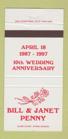 Matchbook Cover - Bill & Janet Penny RMS Wedding Anniversary 1997 10th 30 Strike
