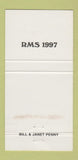 Matchbook Cover - Bill & Janet Penny RMS Wedding Anniversary 1997 10th 30 Strike