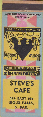 Matchbook Cover - Steve's Cafe Sioux Falls SD blue yellow