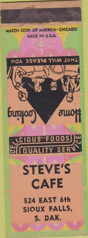 Matchbook Cover - Steve's Cafe Sioux Falls SD green orange
