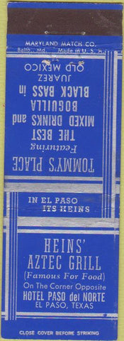 Matchbook Cover - Heins' Aztec Grill Hotel Paso del Norte El Paso TX