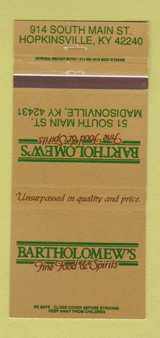 Matchbook Cover Bartholomew's Restaurant Hopkinsville KY Madisonville 30 Strike