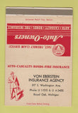 Matchbook Cover - Von Eberstein Insurance Royal Oak MI 40 Strike