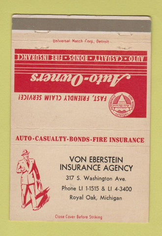 Matchbook Cover - Von Eberstein Insurance Royal Oak MI 40 Strike