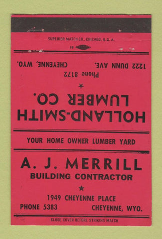 Matchbook Cover - Holland Smith Lumber Herman Lofink Cheyenne WY RED 40 Strike