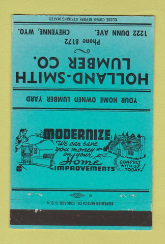 Matchbook Cover - Holland Smith Lumber Herman Lofink Cheyenne WY TEAL 40 Strike