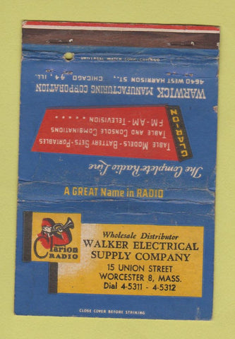 Matchbook Cover - Clarion Radio Walker Worcester MA WORN 40 Strike