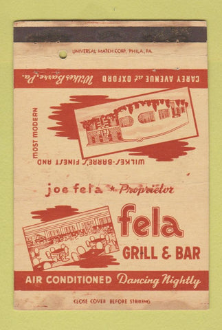 Matchbook Cover - Fela Grill Bar Wilkes Barre PA WEAR 40 Strike