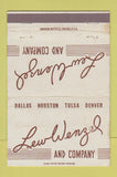 Matchbook Cover - Lew Wenzel Dallas Houston Tulsa Denver WORN 40 Strike