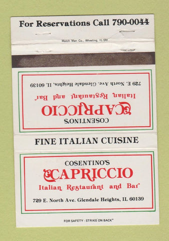 Matchbook Cover Capriccio Italian Restaurant Glendale Heights IL WEAR 40 Strike