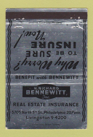 Matchbook Cover - Bennewitt Real Estate Insurance Philadelphia PA 40 Strike