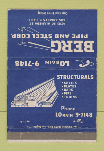 Matchbook Cover - Berg Pipe and Steel Los Angeles CA WEAR 40 Strike