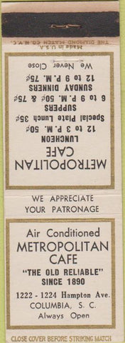 Matchbook Cover - Metropolitan Cafe Columbia SC Diamond