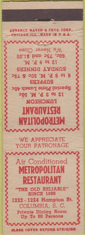 Matchbook Cover - Metropolitan Cafe Columbia SC Advance red
