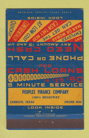 Matchbook Cover - Peoples Finance Loans Lubbock TX 40 Strike