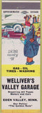 Matchbook Cover - Welliver's Valley Garage Eden Valley MN gas oil