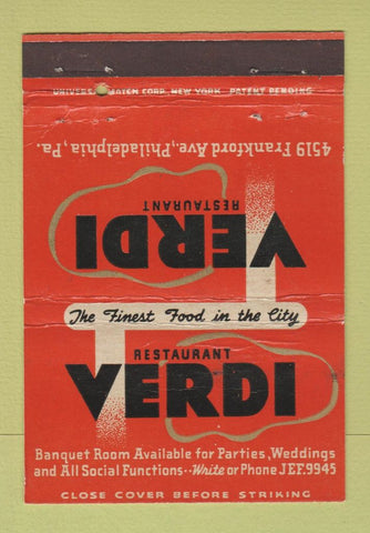 Matchbook Cover - Verdi Restaurant Philadelphia PA WEAR 40 Strike