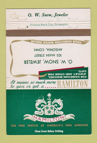 Matchbook Cover - Hamilton Watches OW Snow Ansonia CT jewelry 40 Strike