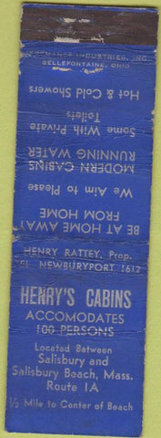 Matchbook Cover - Henry's Cabins Salisbury Beach MA Merchants WORN