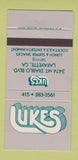 Matchbook Cover - Lukes Restaurant Lafayette CA 30 Strike